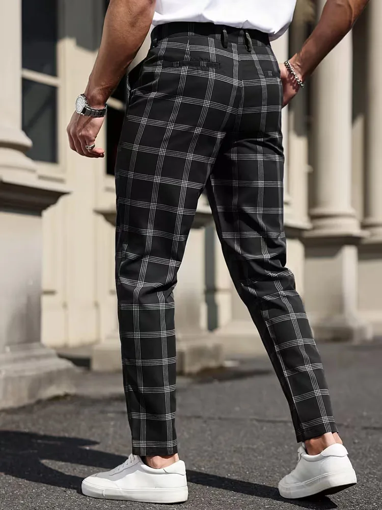 Men's Suit Pants Stretch Formal Trousers Slim Fit Plaid Casual Dress Full Length High Street Pants Fashion New Men Clothing