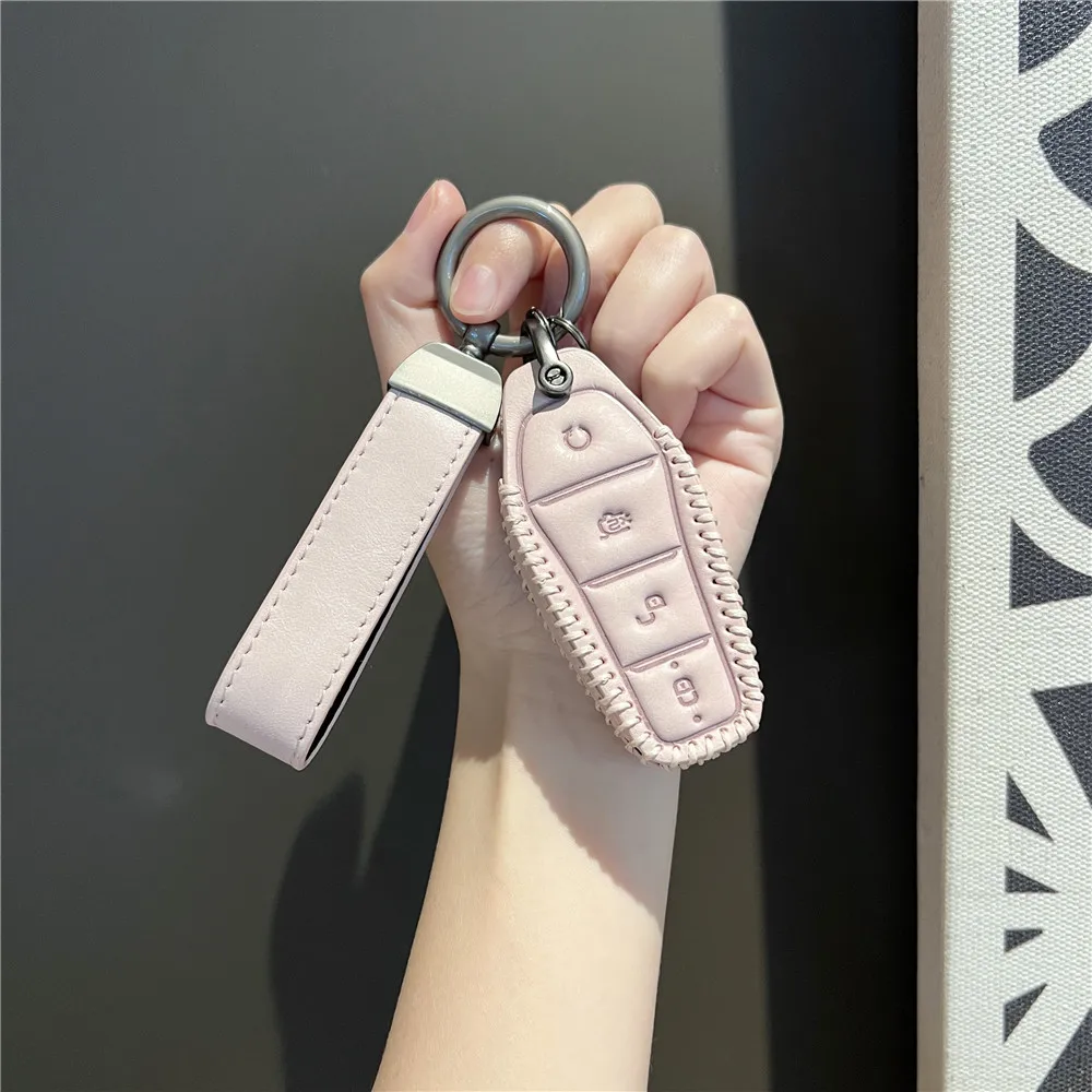 

Leather Car Smart Key Case Cover Shell Keychain For BYD Atto 3 Han EV Dolphin 4 Buttons Remote Key Accessories