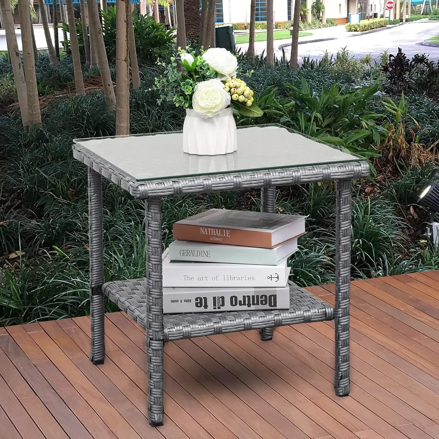 

Outdoor PE Wicker Side Table - Patio Rattan Garden Coffee End Square Table with Glass Top-2-layer Table Furniture