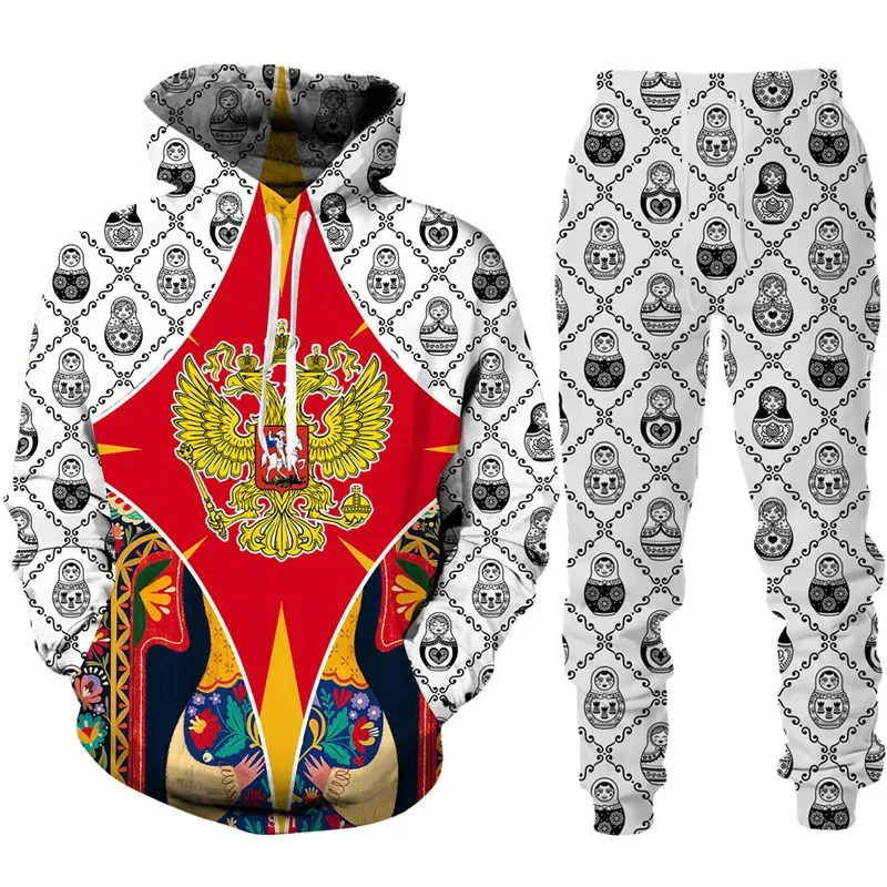 Autumn Winter Russian Flag 3D Print Hoodie+Pants Sets Men Women Two Piece Sets Russia National Emblem Casual Tracksuit Oversize