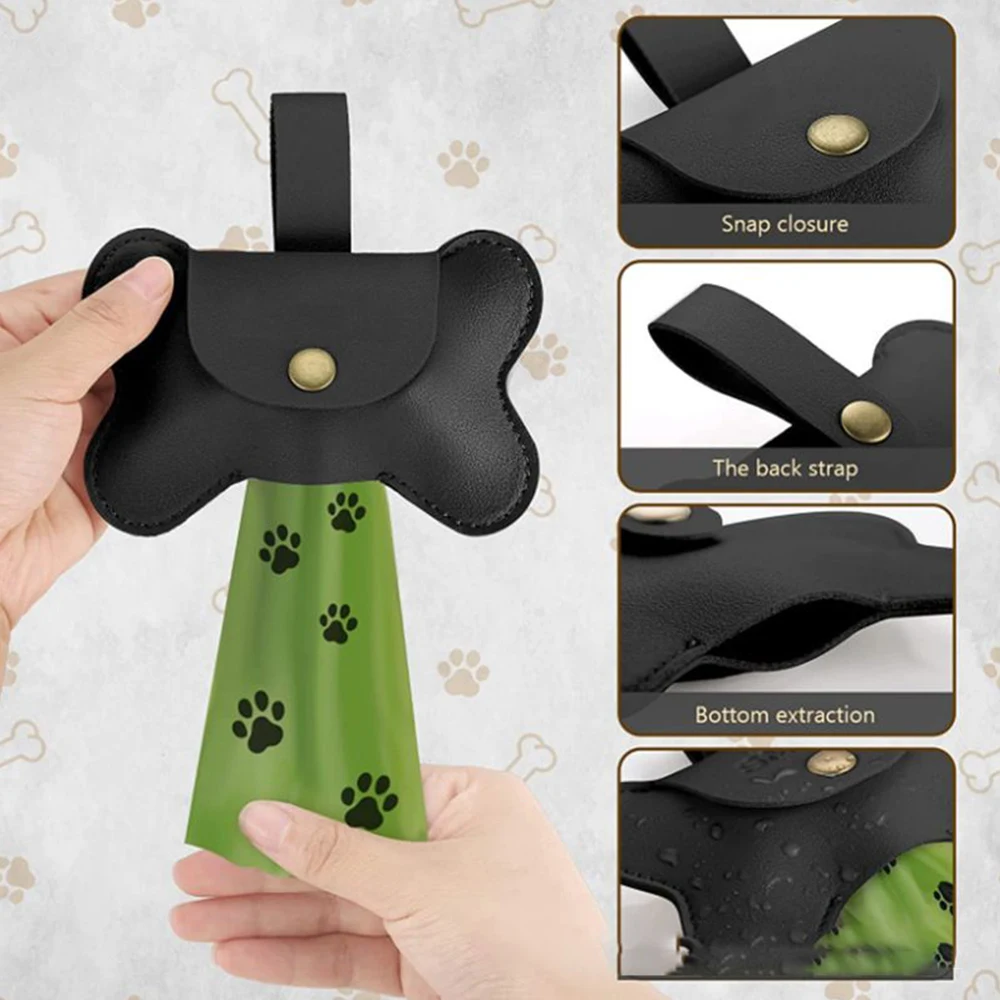 Dog Poop Pickup Bag Dog Pooper Dispenser Dog Stool Bag Pet Outdoor Poop Holder Pet Waste Bag Bone Shaped PU With Leash Clip