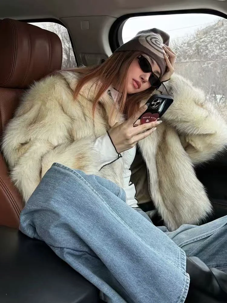 Elegant Faux Fox Fur Coats Women Y2K Winter Thick Warm Casual Plush Jackets Y2K Streetwear All Match Faux Fur Outerwear New