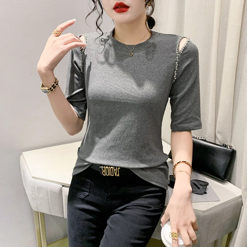 Black Summer Korean Style Cotton T-Shirt Chic Sexy Hollow Out Shiny Beading Women Tops Half Sleeve Hand Made Tees 2024 New 4489