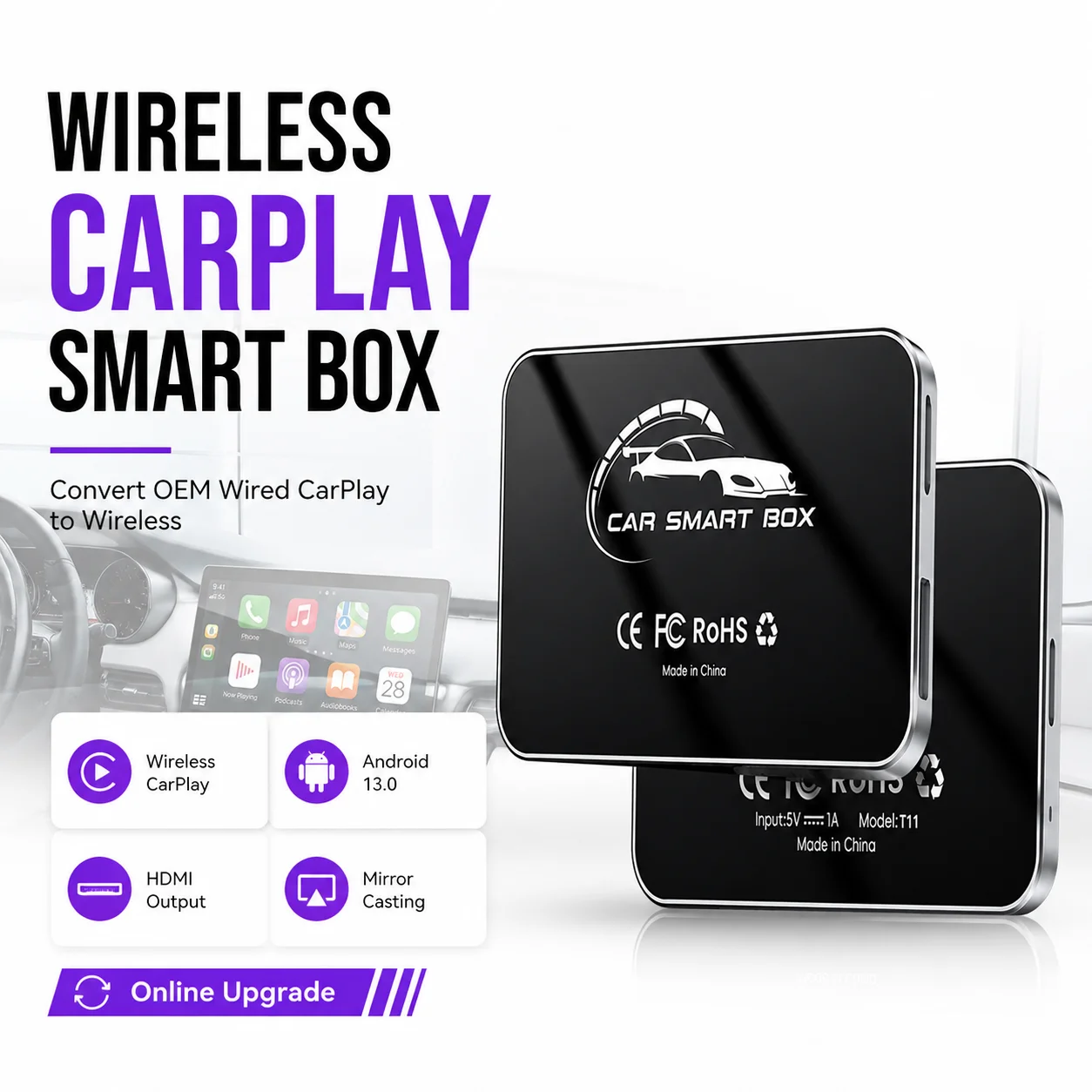 Wireless CarPlay Android Auto Adapter for Toyota/Honda/Ford, Netflix YouTube Video Box for Car Screen, HDMI Output Mirroring AI