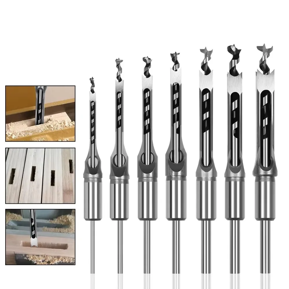 

7pcs 6-30mm HSS Twist Drill Bits Woodworking Square Hole Drill Bits Auger Mortising Chisel Drill Set Woodworking Tools