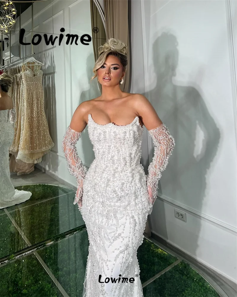 Full Pearl White Party Dress Long Arabic Evening Dresses 2024 Strapless Engagement Gowns Prom Dresses With Gloves Robe De Soiree