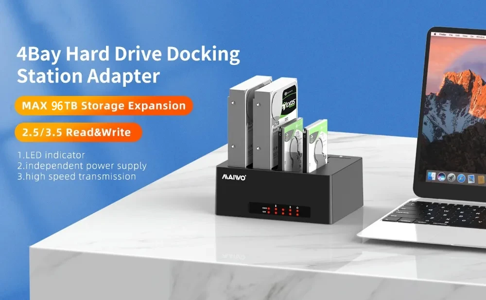 MAIWO Festplatten-Dockingstation mit 4 Einschüben, SATA zu USB 3.0, für 24 TB 2,5/3,5 Zoll HDD/SSD, externe SATA-Festplattenbox – Detail 1