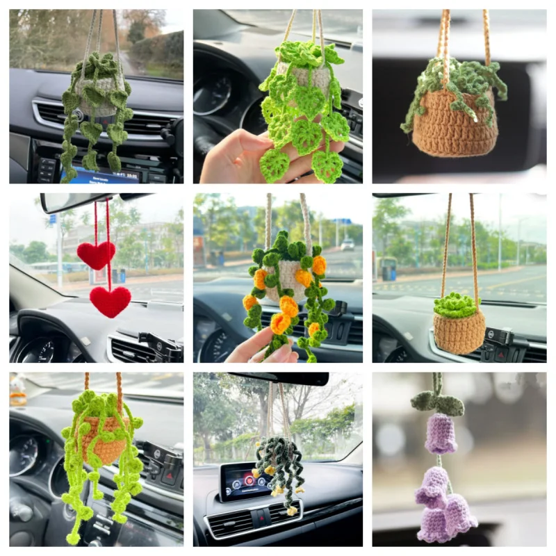 

Crochet Car Accessories Creative Potted Plants Crocheted Rearview Mirror Hanging Accessories Hand Knitted Car Hanging Ornament