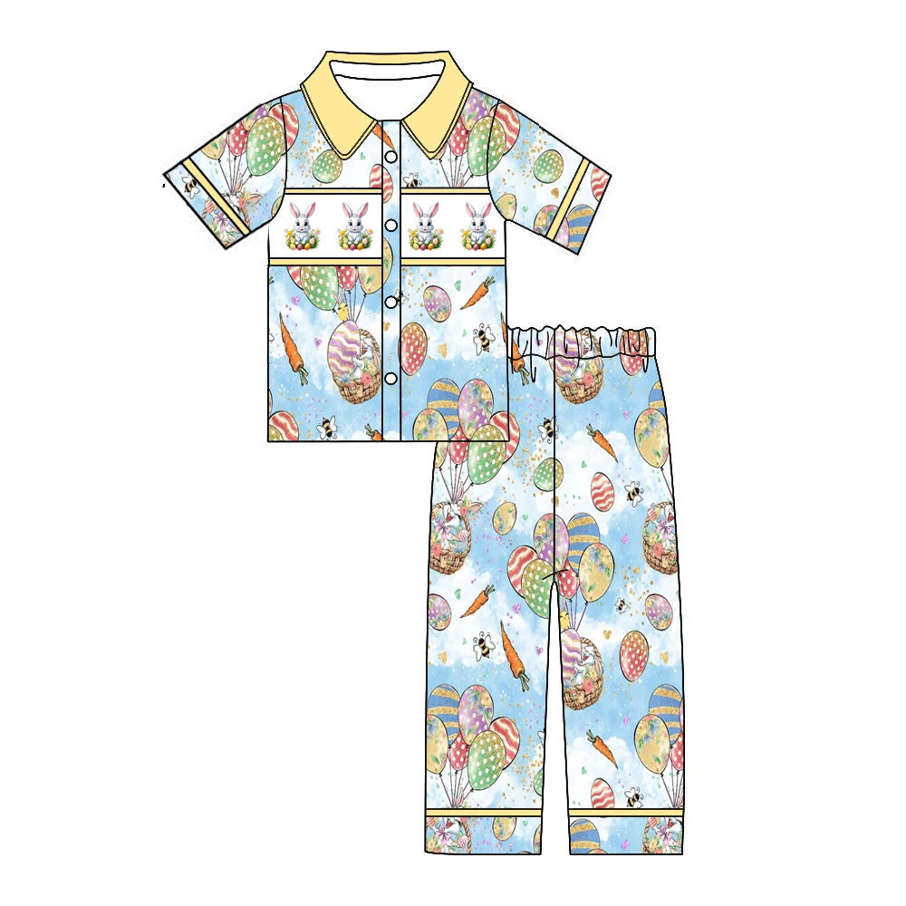 Easter Boutique Pajamas for Boys and Girls Hot Selling Costumes Short Sleeve Long Pants Easter Egg Bunny Print Matching Baby set