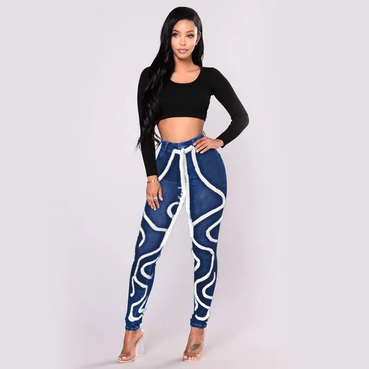 Jeans patchwork à bande moelleuse pour femmes, taille haute, élastique, pantalon crayon serré, club, streetwear décontracté, mode sexy, Y2K, nouveau