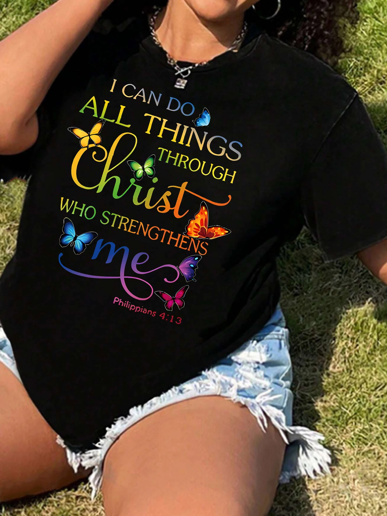 

I Can Do All Things Though Chiist Who StrengThens Me Colorful Letter and Butterfly Pattern Short Sleeve T-shirt