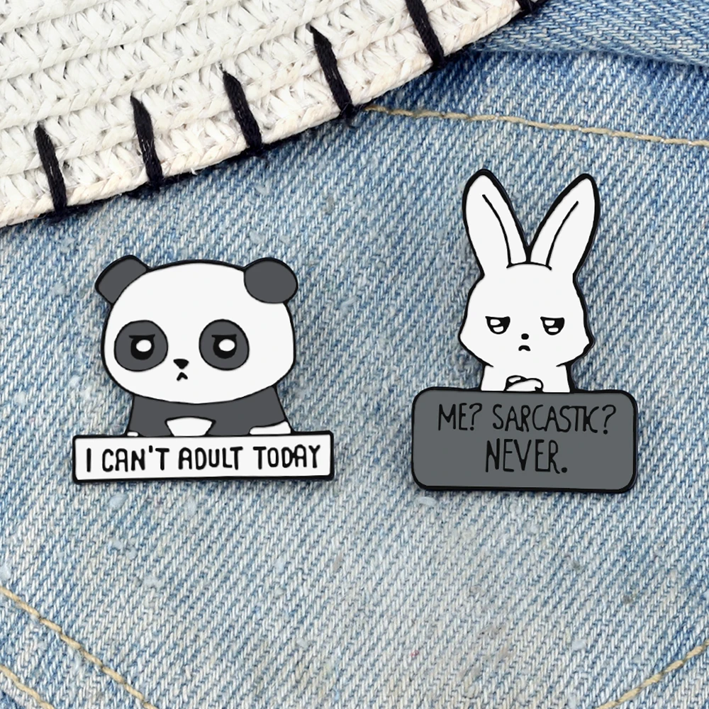 Depressed Panda Pride Rabbit Brooch Badge Me?Sarcasik?Never. Grey Humorous Quotes Enamel Jewelry Cartoon Animal Denim Lapel Pins