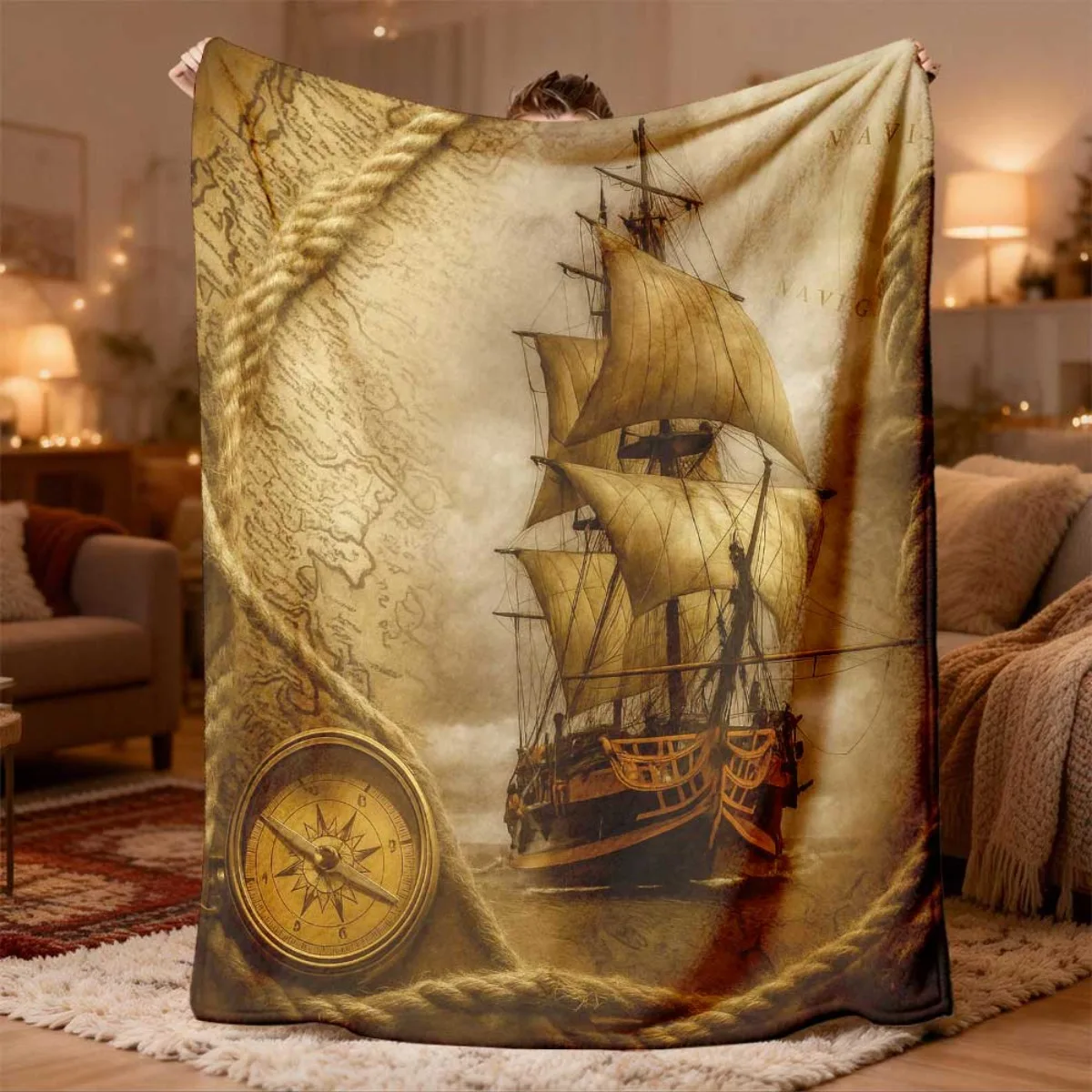 Vintage Pirate Map Sailing Ship Throw Blanket Nautical Ocean Adventure Decor Cozy Gift for Home