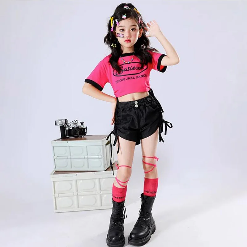 Crianças Hip Hop Outfits, Crop Tops, Shorts, Street Dance, Jazz Sweet Costumes, Meninas Calças Black Cargo, Crianças Streetwear, Conjuntos de roupas