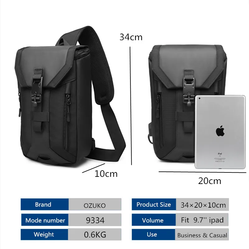 OZUKO Messenger bag Men Anti-theft Crossbody Bag 9.7 inch IPAD High Quality Waterproof Male Sling Shoulder Messenger Bag Chest