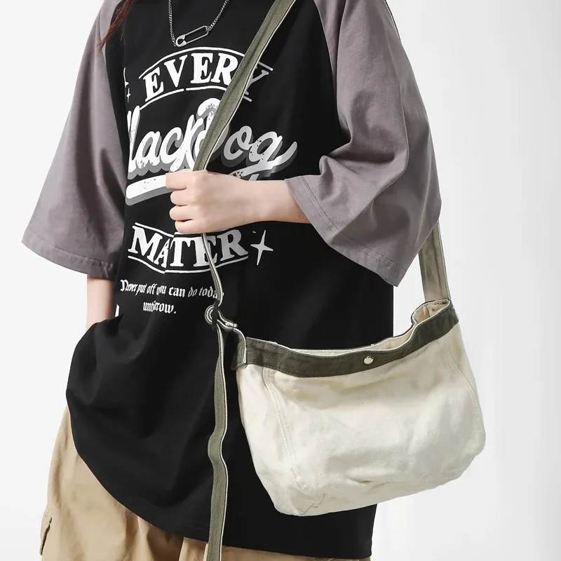 Youth Canvas Textile Medium Size Ita Pouch Side Sling Crossbody Bag Vintage Patchwork Fabric Grunge Y2k Simple Books Postman Bag