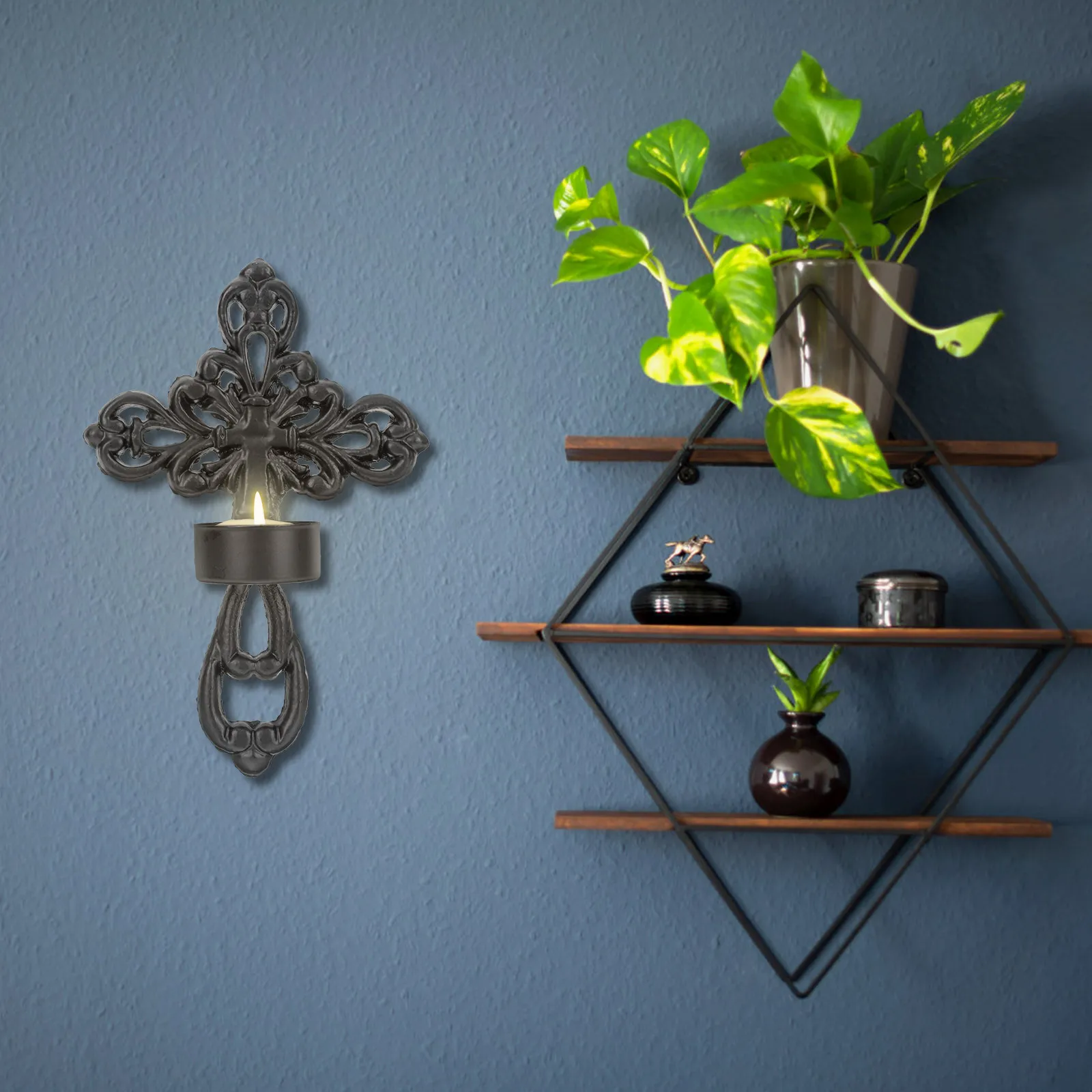 

2pcs Gothic Cross Shaped Holder Black Metal Wall Sconce Decor Christmas Wedding Party Hanging Tea Light Stand Iron Retro
