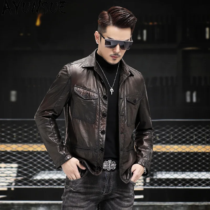 AYUNSUE 100% Cowhide Real Leather Jacket for Men 2025 Spring Autumn Coat Mens Clothes Trendy Motocycle Coats Jaqueta De Couro