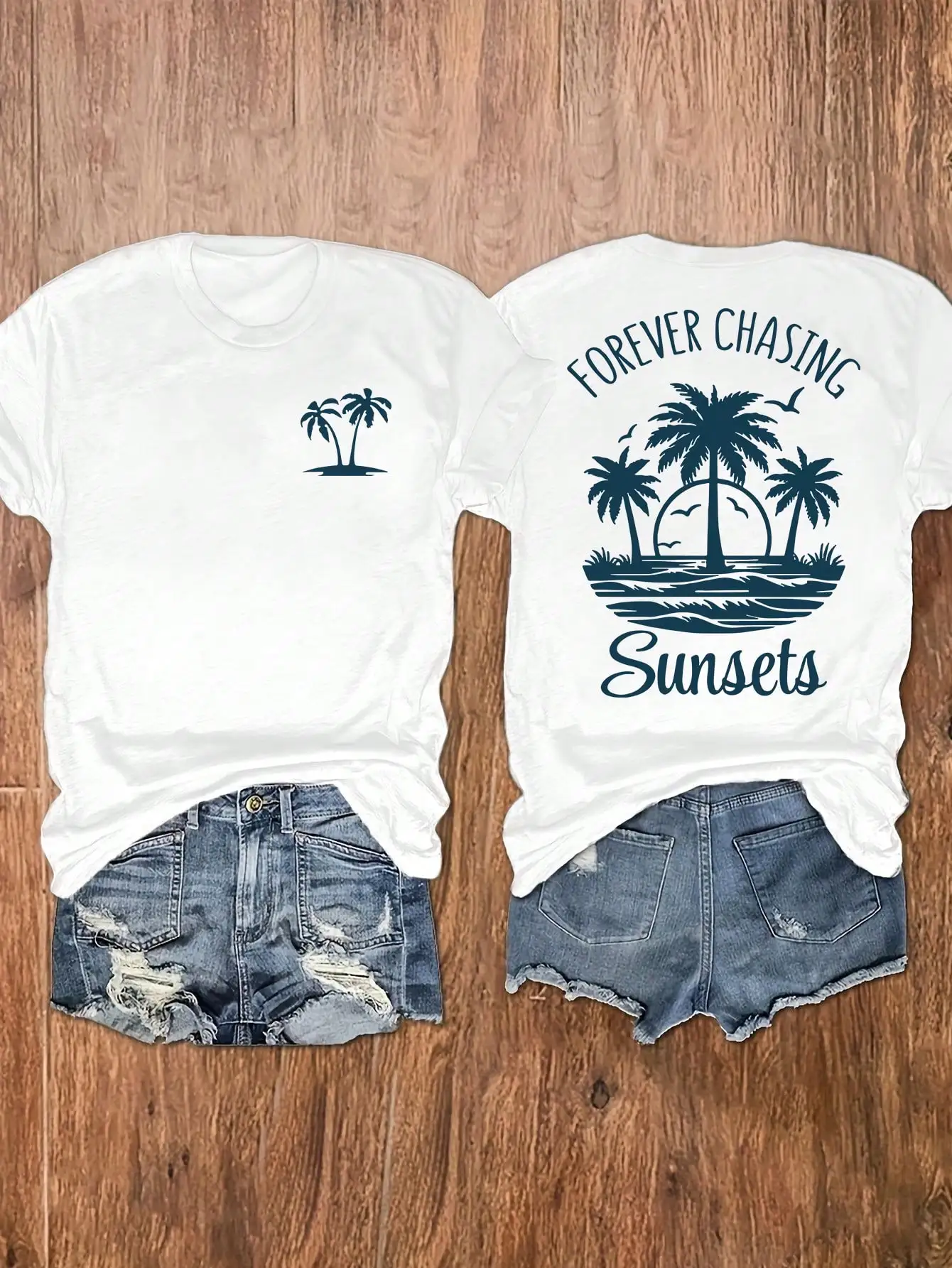 

Футболка с круглым вырезом и короткими рукавами с принтом пальмы и надписей Sunset Beach, подходит для повседневного ношения, отдыха и повседневного ношения