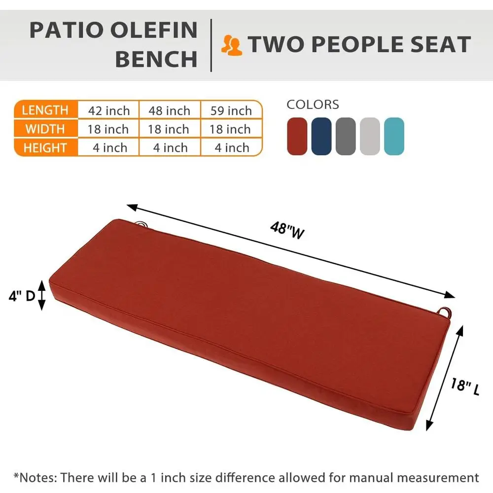 Almofada de sofá de loveseat vermelha resistente à água com alças, almofada de sofá de pátio de 48 x 18 x 4 polegadas