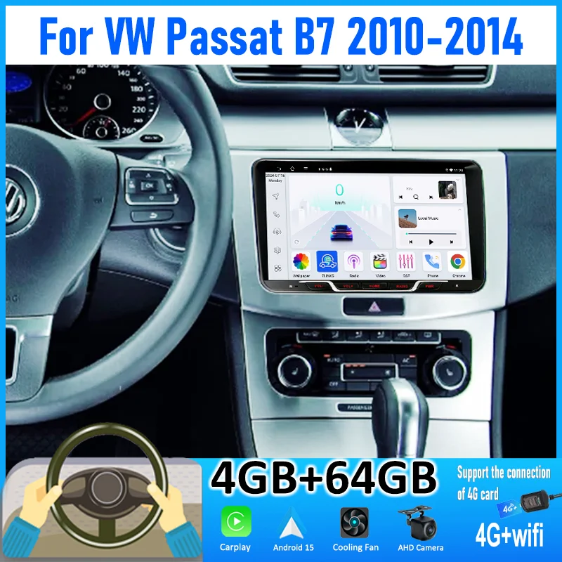 

9'' 4+64GB For VW Passat B7 2010-2014 Car Radio Android 15 Auto Support Wireless Apple Carplay 4G+WIFI 2DIN FM BT GPS Head Unit