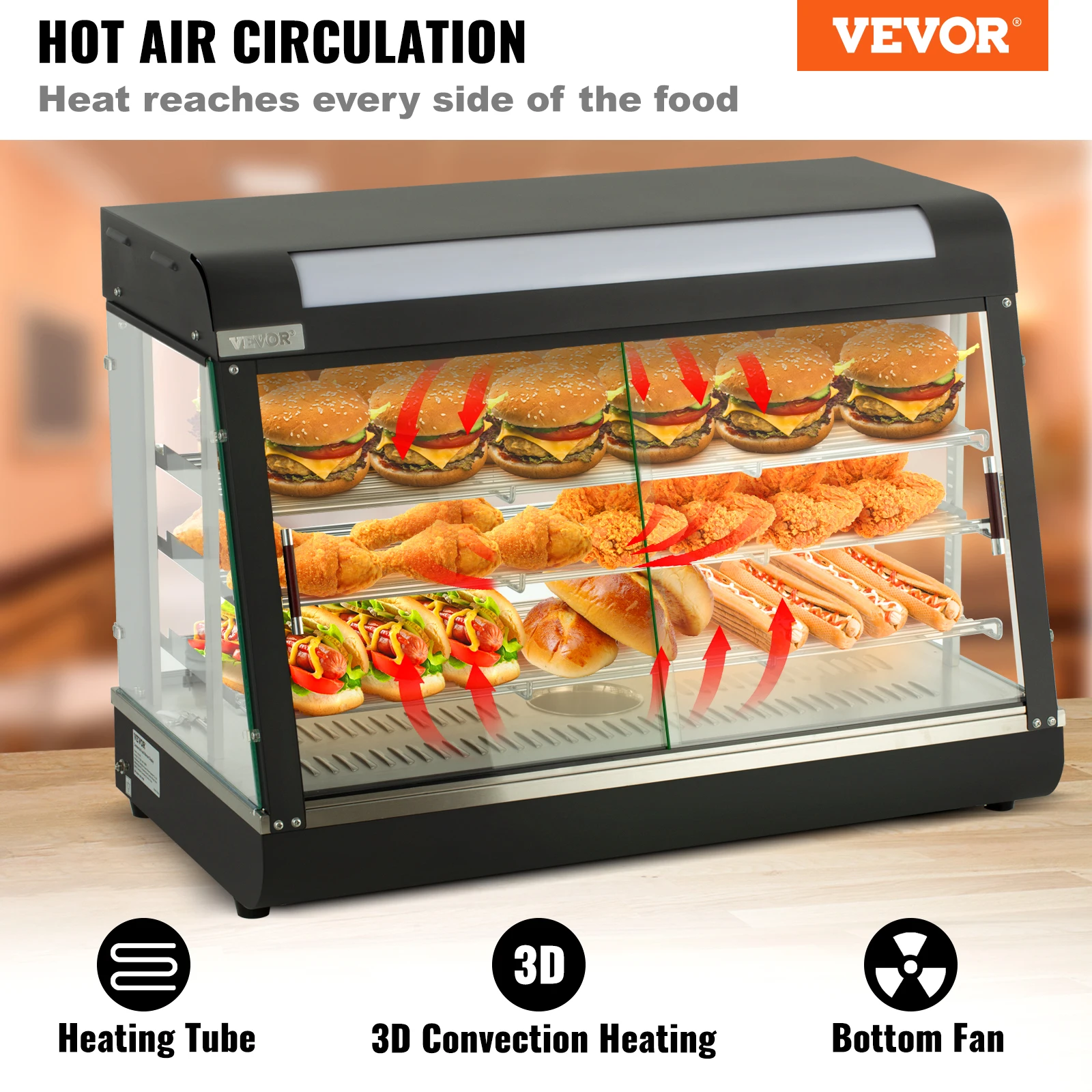 VEVOR Commercial Food Warmer Display,3 Tiers,1800W Pizza Warmer w/3D Heating 3Color Lighting Bottom Fan,Countertop Pastry Warmer