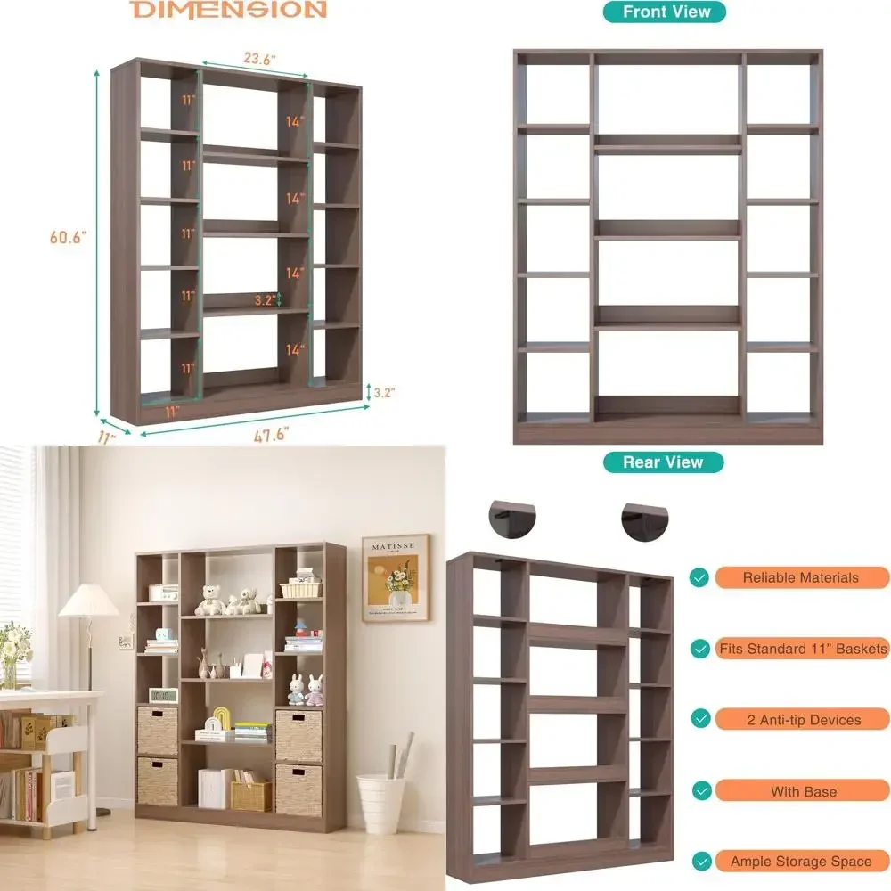 Cube Storage Bookcase with Base - Large Wooden Bookshel with 10 Open Cubes and 4 Shelves or Home and Oice, reestanding Organizer