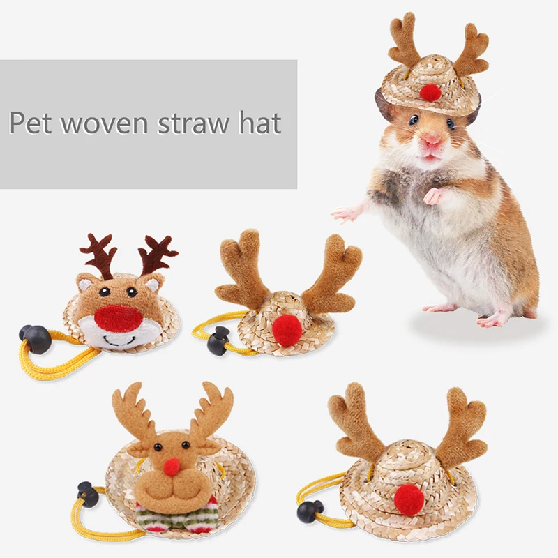 Cute Mini Christmas Straw Hat For Small Animals Adjustable Pet Cosplay Clothing Headgear Hamster Guinea Pig Pet Assessories