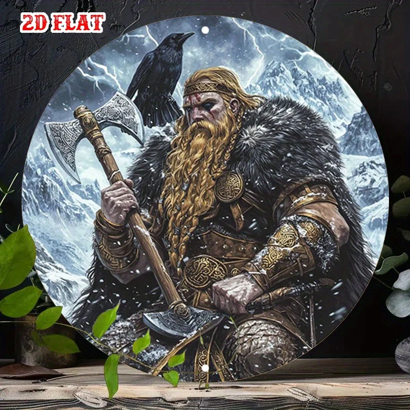 1pc Viking Warrior Snow Mountain Round Aluminum Sign - Axe & Crow Norse Mythology Metal Wall Art, 19.99x19.99 cm Rustic Contempo