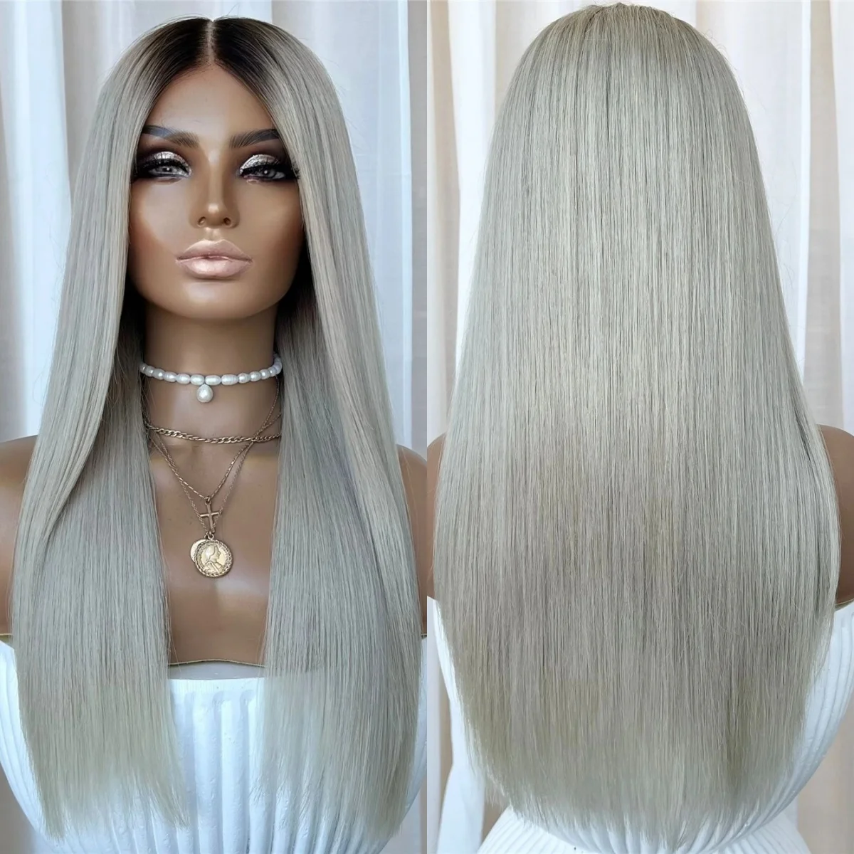 

Серые синтетические парики без клея с темными корнями, мягкие прямые, с эффектом натуральных волос, распродажа, премиум-волокно