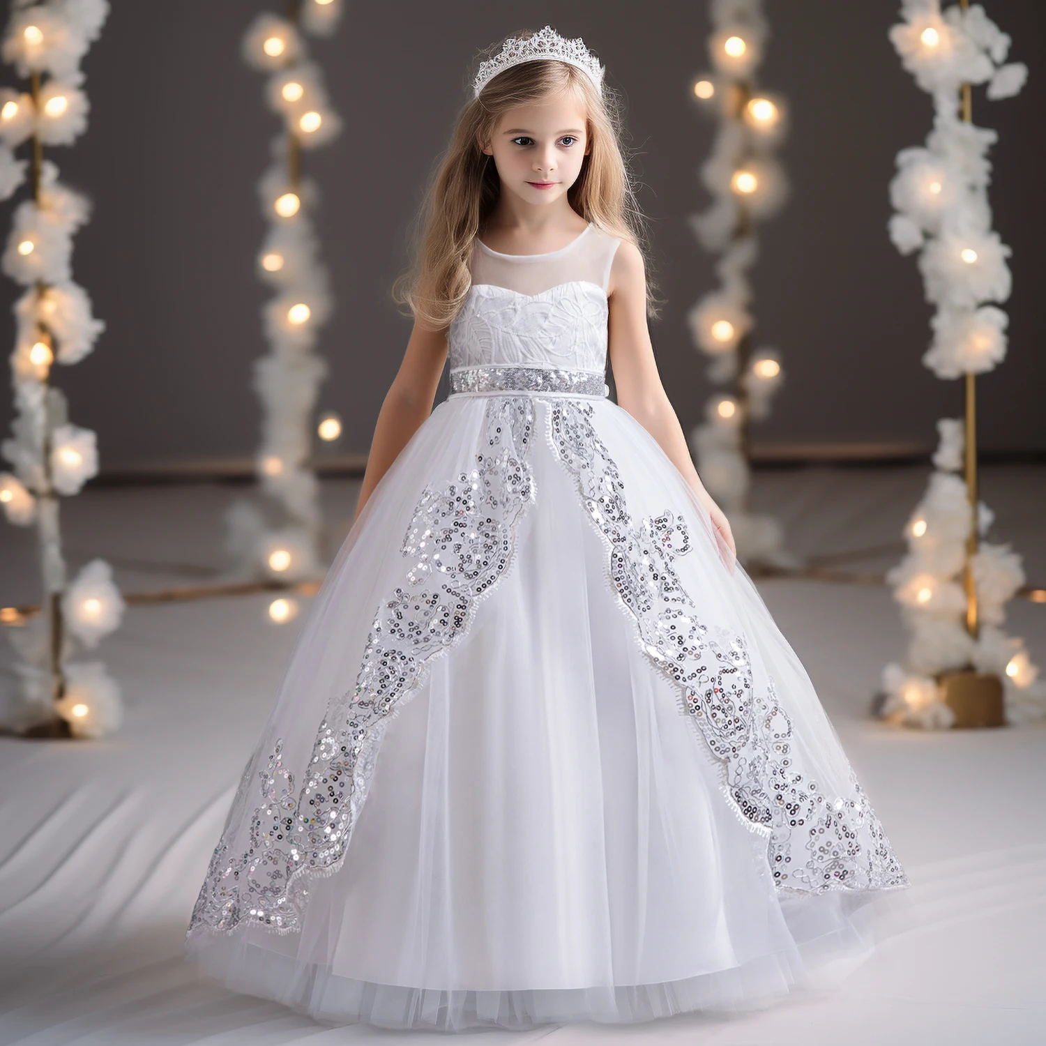 Elegant Flower Party Dress for Girls Summer Sequins Lace Wedding Princess Dress Children Birthday Banquet Long Gala Gown 4-10Yrs