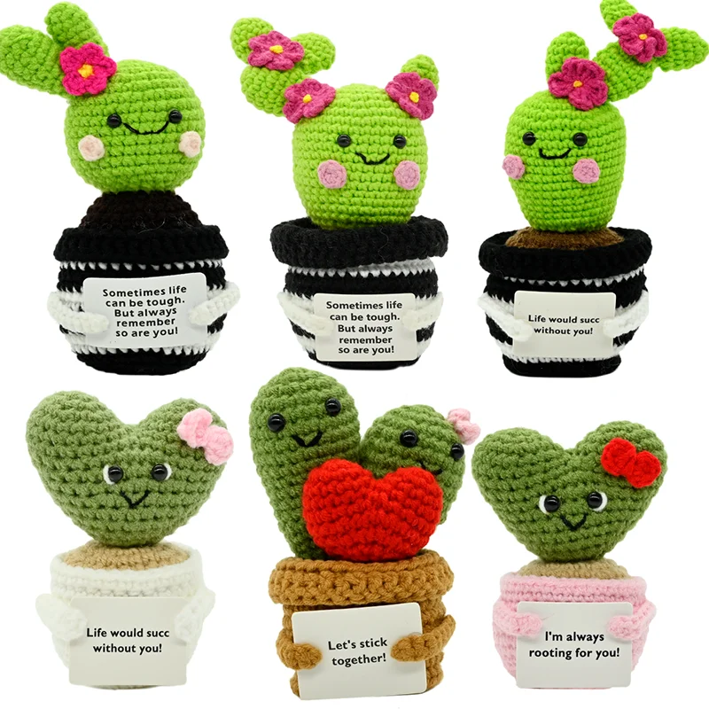 PlantSeries - Planta en Maceta Tejida a Crochet con Flores y Cactus, Energía Positiva, Hecha a Mano, con Tarjeta de Ánimo, Mini Decoración de Escritorio, Regalo