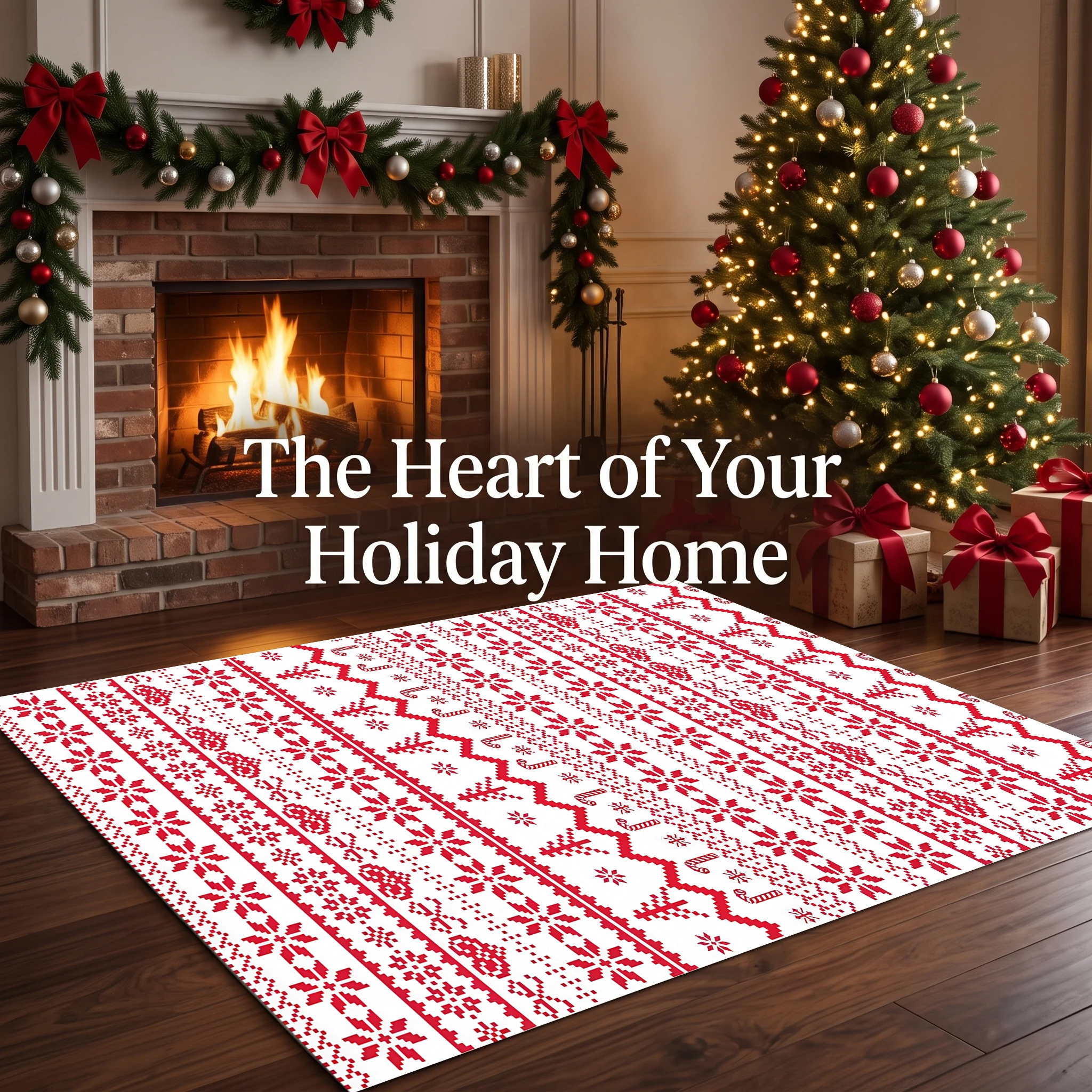 Red Snowflake Reindeer Velvet Area Rug, for Living Room Bedroom, Autumn Winter Christmas Festive Decor