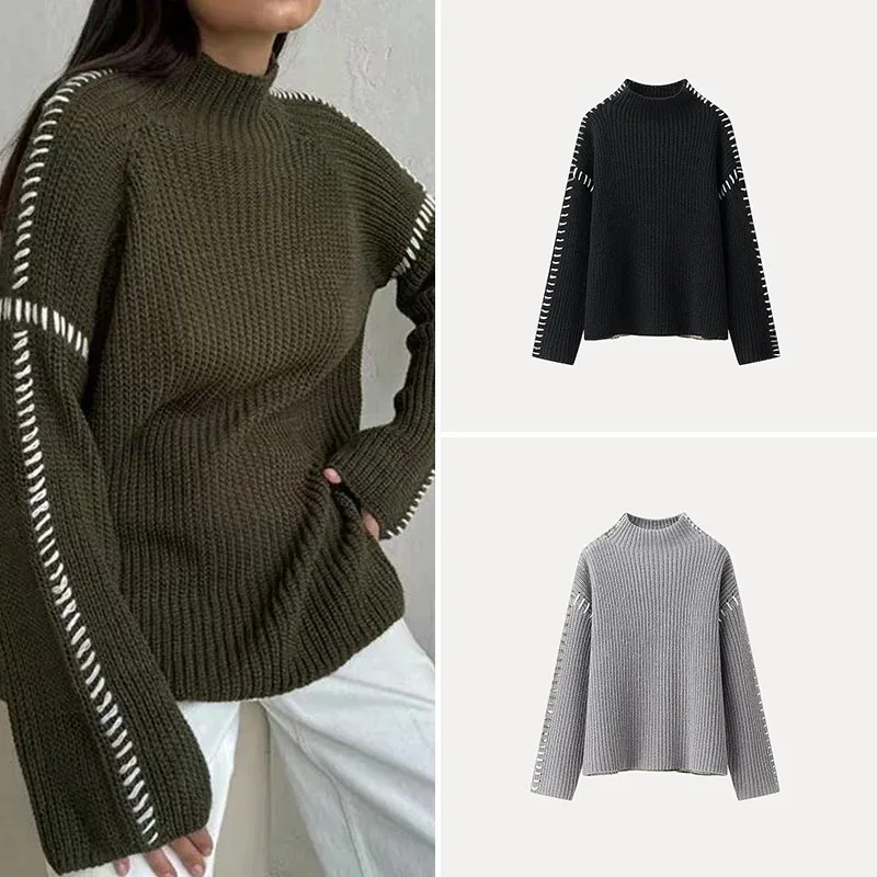 

Sweater Patchwork Slimming Match All Polyester Fiber 2025 New Sle Women's Faionable Loose Long Sve Stand Collar
