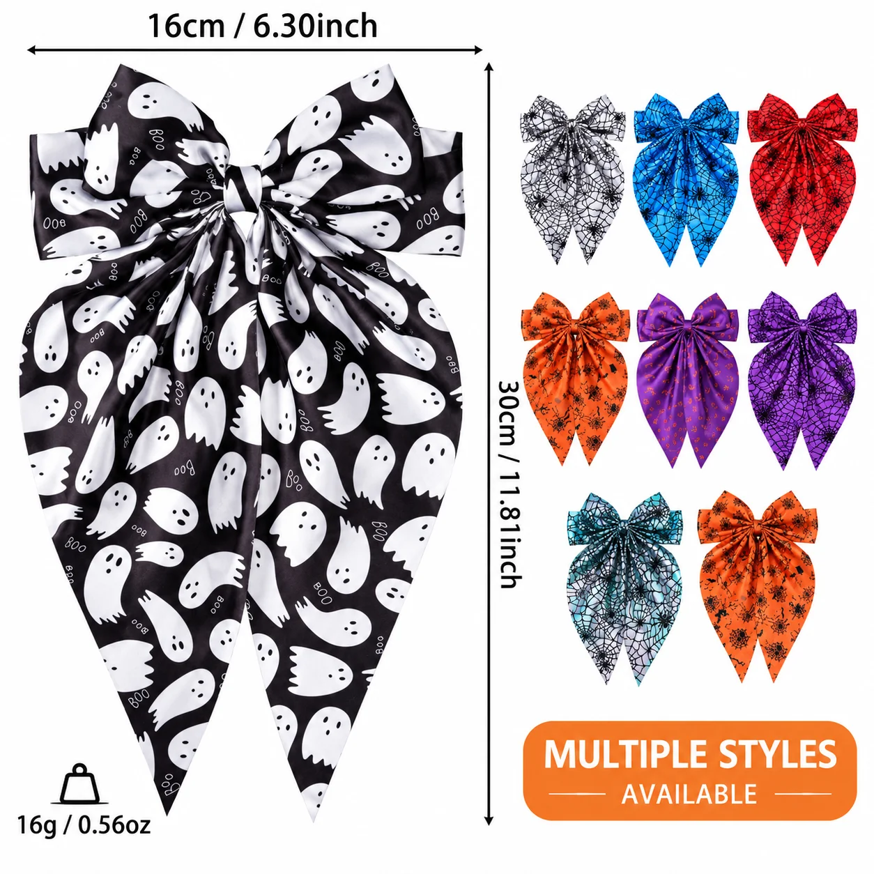 Halloween Large Bow Hair Clip Spider Web Ghost Pumpkin Print Long Tail Satin Barrette Party Hair Accessory for Women Girls
