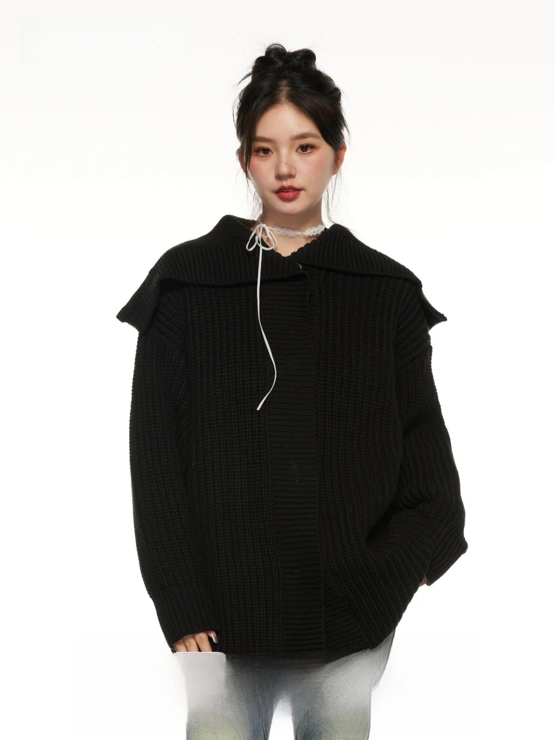 Peasluna Korean Style Knitted Sweater Coat Soft Lazy High-End Loose All-Match Autumn Winter Outerwear Naval Collar Long Sleeve