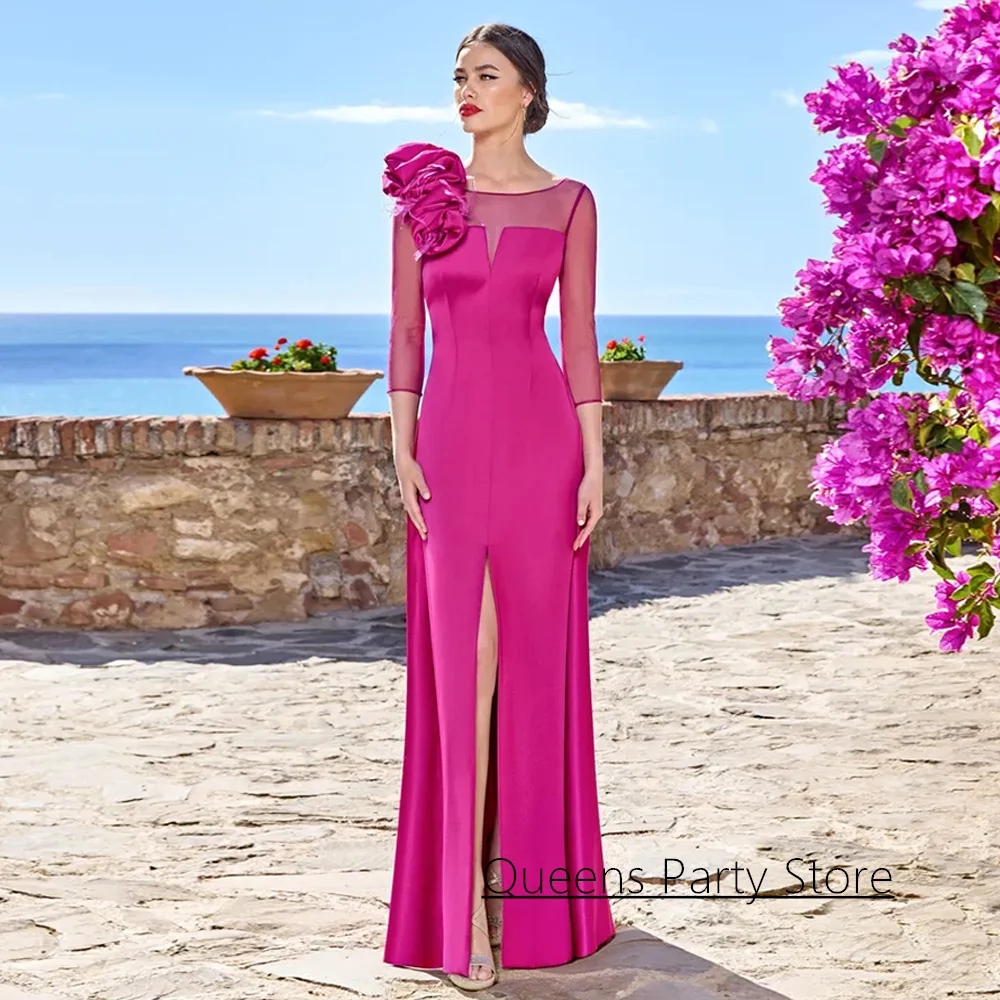 New Arrival Mother of The Bride Dress Customized 3/4 Tulle Sleeves Scoop Neck Flowers Front Slit Back Zipper Wedding Guest Gown
