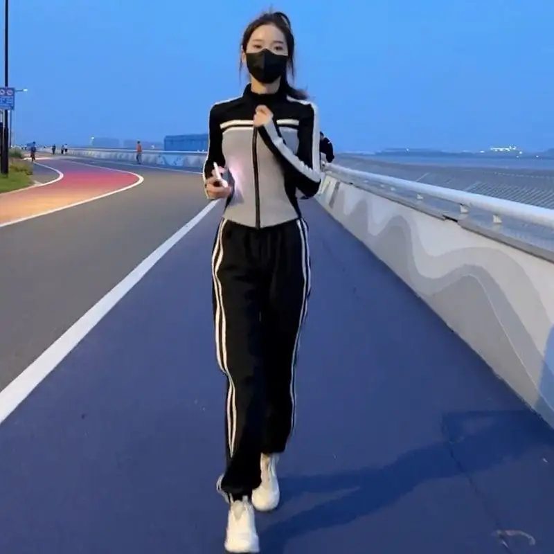 Casual Sportswear Set Women's Fashion Color Block Long Pants Two-Piece Spring Autumn Cotton Slant Patterned Yoga Outfit
