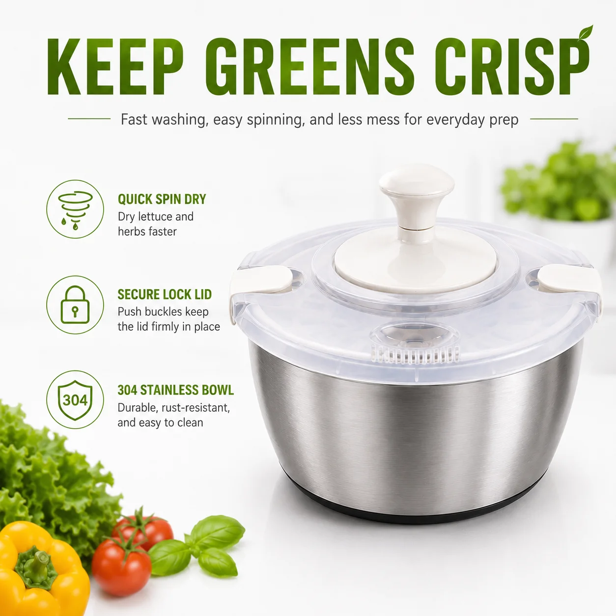 5L Stainless Steel Salad Spinner Large Lettuce Washer And Dryer Vegetable Quick Spin Drain Bowl Kitchen Cooking Prep Gadgets