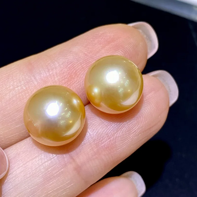 Classic Simple 925 Sterling Silver Pearl Earrings for Women 12-13mm Round Sea Golden Pearl Fashion Party Wedding Jewelry