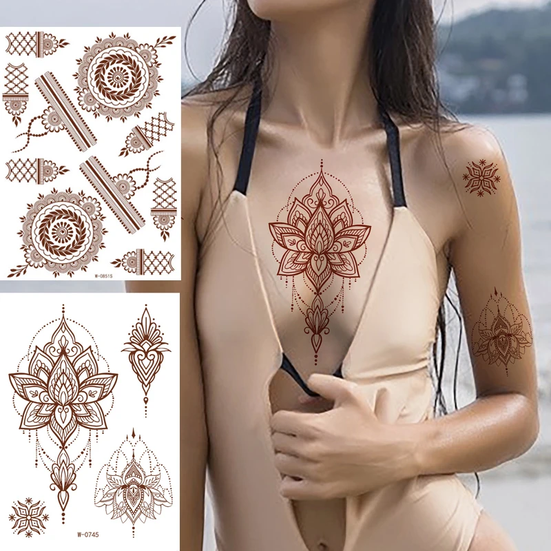 Brown Henna Temporary Tattoos for Women Girls Body Chest Waist Bracelet Lace Tattoo Stickers Mehndi Stencil Designs Tattoo