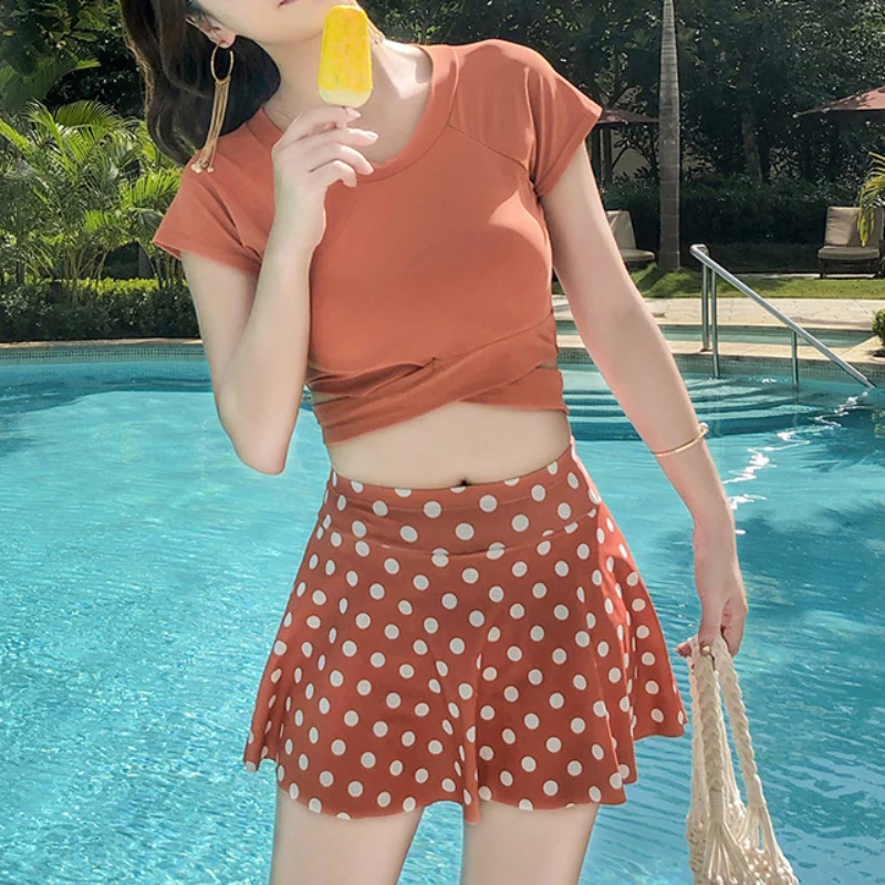 Summer Casual Sports Style Fashion Women's Bikini Three-quarter Sleeve Round Neck Short Top Polka Dot Mini Skirt Trendy Swimsuit