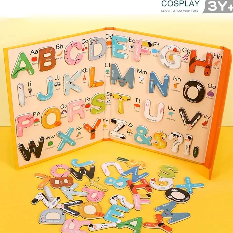 Children Wooden Foldable Portable Letter Cognitive Matching Magnetic Puzzle Board English Language Learning Book Educational Toy