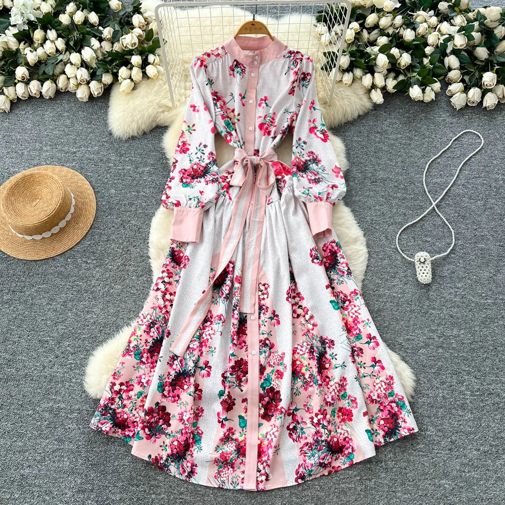 Elegant ฤดูใบไม้ร่วงแขนยาว Maxi ชุดเสื้อผู้หญิงเดี่ยวหลวมขนาดใหญ่ชุดดอกไม้หญิงสาย Casual Vestidos