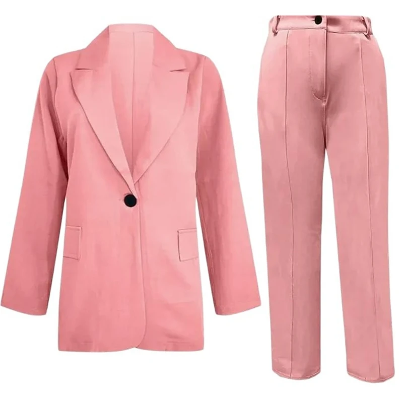 50JB Office Work Outfit Set Sophisticated Long Sleeve One Button Lapel Coat and Trousers and Suit Pants