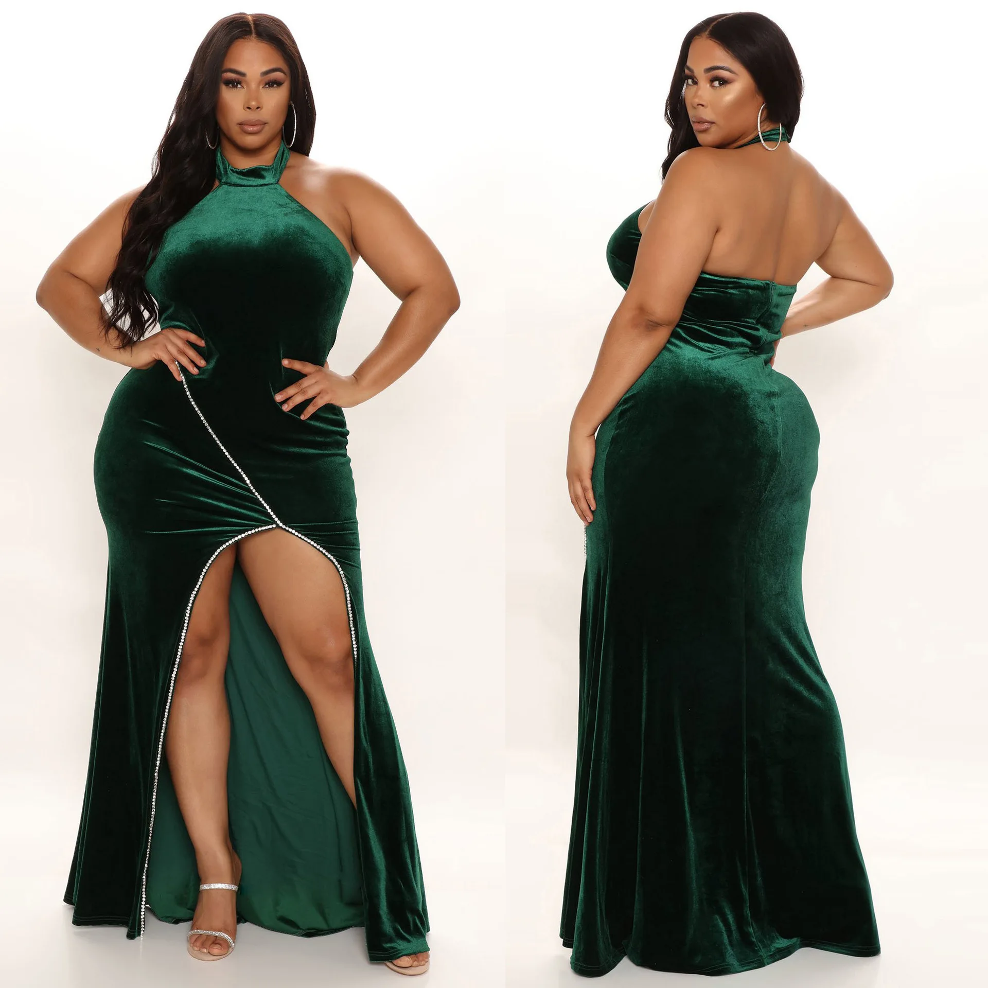 plus-size women\'s strapless rhinestone edging sexy evening dress sleeveless split dress