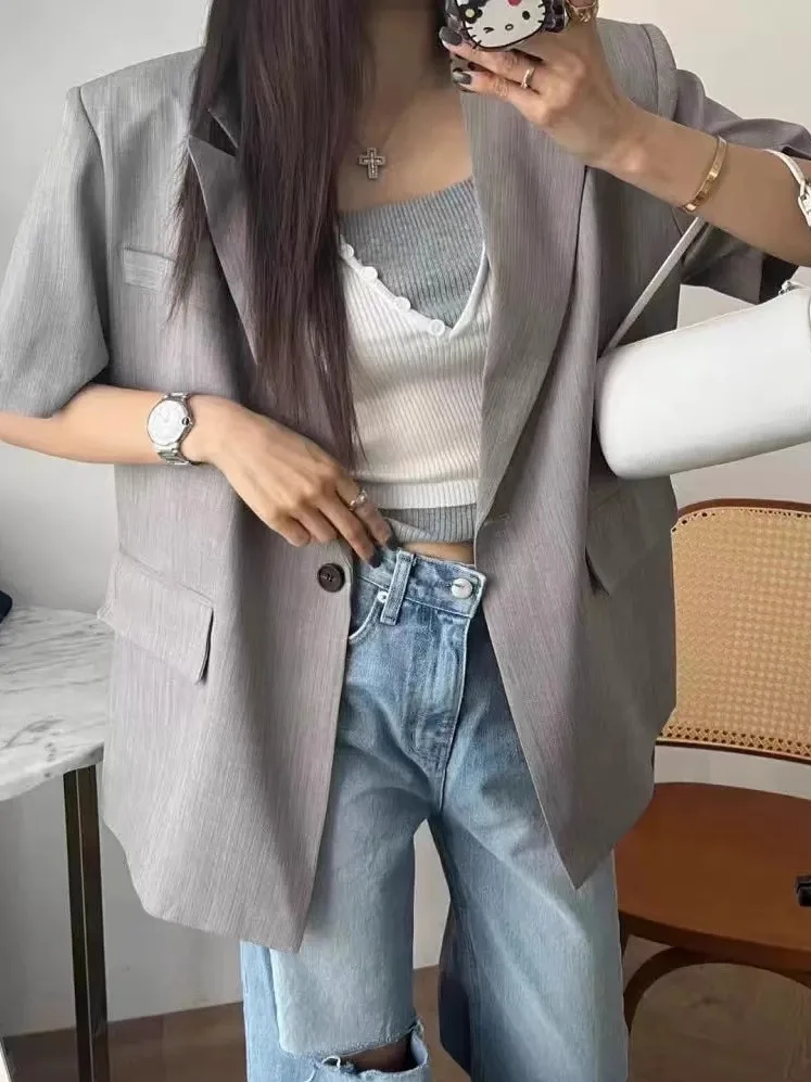 

Ladies Chic Loose Lazy Sle Slimming Me Insert ort Sve Suit Jaet Ba Slit High End Feeling Commute Sle Pure Color