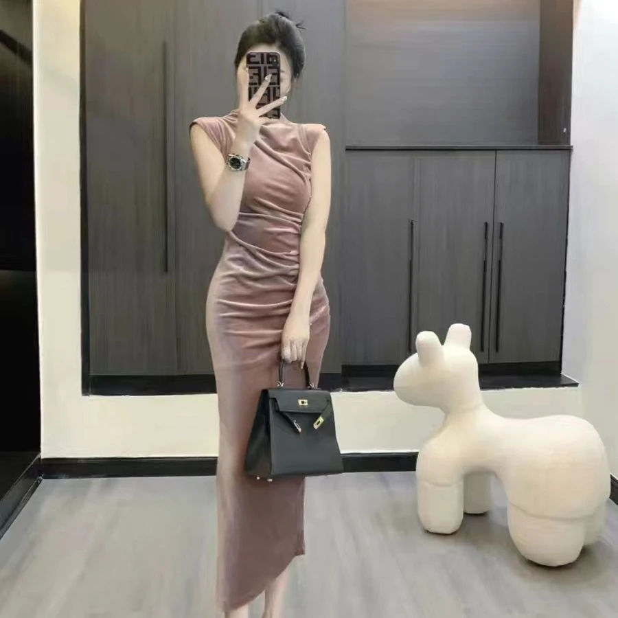 Fleece Slim Dresses Women Sleeveless Pleated Flattering Waist Slit Midi One Step Bodycon Sexy Temperament Office Lady Stylish