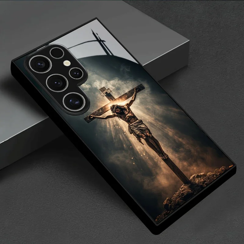 Cross-shaped religious-themed art print pattern. Suitable for Samsung Galaxy S25, S24, S23FE, S22 Ultra Plus, A54