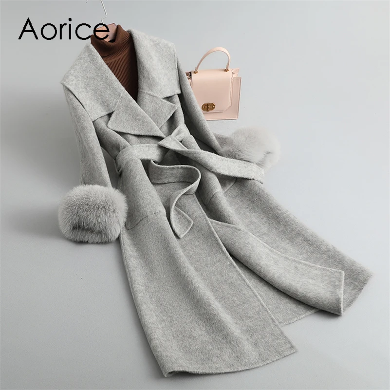 Aorice Frauen Luxus Winter Wolle Pelz Mantel Jacke Femal Fuchs Pelz Kragen Mäntel Dame Lange Über Größe Parka Graben CT21118